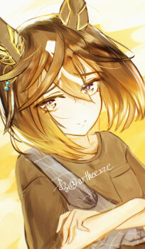 1girl animal_ears black_hair black_shirt blue_shirt brown_eyes casual closed_mouth commentary_request crossed_arms ear_covers hair_between_eyes highres horse_ears horse_girl long_hair looking_at_viewer multicolored_hair orusun shirt smile stay_gold_(casual)_(umamusume) stay_gold_(umamusume) streaked_hair umamusume upper_body white_hair