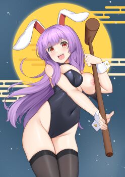 1girl :d absurdres akasaka_sato animal_ears bare_shoulders black_leotard breast_slip breasts covered_navel egasumi exhibitionism from_below full_moon gradient_eyes hand_up happy highleg highleg_leotard highres holding holding_mallet kine leotard long_hair looking_at_viewer looking_down mallet medium_breasts mid-autumn_festival moon multicolored_eyes night night_sky nipples one_breast_out open_mouth orange_eyes outdoors public_indecency purple_hair rabbit_ears rabbit_girl red_eyes reisen_udongein_inaba skin_tight skindentation sky slit_pupils smile solo star_(sky) starry_sky strapless strapless_leotard thighhighs thighs touhou very_long_hair wrist_cuffs yellow_eyes