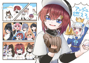2boys 6+girls @_@ ange_katrina animal animal_ears animal_on_head arm_up ball baseball baseball_(object) baseball_cap baseball_glove baseball_uniform bird bird_on_head black_shirt black_sleeves blue_eyes blue_hair blue_ribbon blue_serafuku commentary_request dog_ears exhausted furen_e_lustario fuwa_minato gradient_eyes hair_ornament hand_up hat holding holding_ball holding_megaphone honma_himawari inui_toko layered_shirt layered_sleeves lize_helesta lize_helesta_(4th_costume) matsukai_mao medium_hair megaphone multicolored_eyes multicolored_hair multiple_boys multiple_girls multiple_views nijisanji official_alternate_costume on_head open_mouth outline pants purple_eyes raised_fist red_hair ribbon sailor_collar sasaki_saku school_uniform sebastian_piyodore serafuku shirt smile speech_bubble sportswear streaked_hair sweatdrop throwing translation_request triangle_hair_ornament triangle_mouth tsukino_mito two-tone_hair umigaya_aimi v-shaped_eyebrows virtual_youtuber white_hair white_outline white_pants white_sailor_collar white_shirt x_x yellow_bird yorumi_rena yumeoi_kakeru