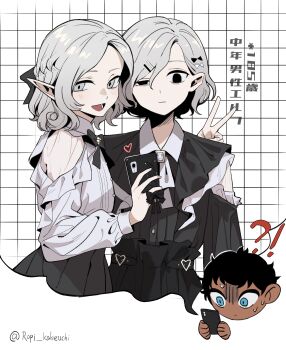 !? 3boys :d alternate_universe androgynous artist_name bags_under_eyes black_eyes black_hair blue_eyes blush braid cellphone chibi chibi_inset commentary_request contemporary crossdressing crossdressing_(mtf) curly_hair dark-skinned_male dark_skin dual_persona dungeon_meshi elf frilled_shirt frills grey_eyes grey_hair grid_background hair_ornament hair_ribbon hairclip half_updo highres holding holding_phone jirai_kei kabru lazy_eye looking_at_phone male_focus medium_hair mithrun mithrun_(young) multiple_boys notched_ear open_mouth phone pointy_ears ribbon shirosaki20725 shirt short_hair simple_background smartphone smile speech_bubble sweat taking_picture time_paradox turn_pale uneven_eyes v wavy_hair white_background