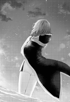 1girl back facing_away gina_(gnosia) gnosia highres hood hoodie long_sleeves medium_hair monochrome rocomani shorts sky solo sunset upper_body water wavy_hair