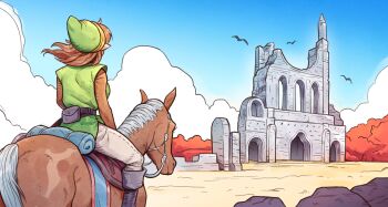 1girl belt belt_pouch bird boots brellom building cloud floating_hair from_behind genderswap genderswap_(mtf) hat horse horseback_riding link nintendo outdoors pointy_ears pointy_hat pouch reins riding rock ruins the_legend_of_zelda tree