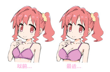 Rule 34 | 1girl, bare arms, bare shoulders, bra, breasts, cleavage, collarbone, commentary request, comparison, dot nose, hair intakes, hair ornament, hair scrunchie, hand on own chest, highres, hozuki kaede, lace, lace-trimmed bra, lace trim, large breasts, looking at viewer, matado (almukha), medium hair, multiple views, onii-chan wa oshimai!, pink bra, red eyes, red hair, scrunchie, side ponytail, sidelocks, simple background, sketch, smile, translated, underwear, underwear only, upper body, white background, yellow scrunchie