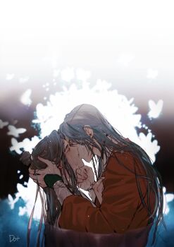 Rule 34 | 2boys, artist name, bishounen, black hair, bug, butterfly, chinese clothes, closed eyes, french kiss, from side, hand in another's hair, hand on another's face, hand on another's head, hands up, hanfu, highres, holding another's hair, hua cheng, insect, kiss, long hair, long sleeves, male focus, multiple boys, profile, red hanfu, sidelocks, tianguan cifu, to dot , topknot, upper body, water, wet, wet clothes, wet hair, wide sleeves, xie lian, yaoi