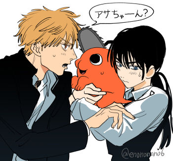 1boy 1girl black_hair chainsaw_man collared_shirt commentary_request couple denji_(chainsaw_man) dress enononono6 fourth_east_high_school_uniform gakuran hetero kiss kissing_cheek long_hair low_twintails mitaka_asa neck_ribbon open_mouth pinafore_dress pochita_(chainsaw_man) ribbon school_uniform shirt simple_background sleeveless sleeveless_dress twintails white_shirt