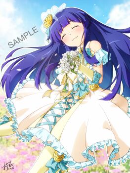 1girl :3 ^_^ alternate_costume aqua_bow bare_shoulders blue_hair blunt_bangs blunt_ends blurry blurry_background bouquet bow bridal_veil closed_eyes closed_mouth commentary_request commission day dress dress_bow dress_flower facing_viewer floating_hair flower frilled_dress frills furude_rika hair_flower hair_ornament hands_up happy highres higurashi_no_naku_koro_ni hime_cut holding holding_bouquet lens_flare long_hair oshinobi_shinobu outdoors outline rose sample_watermark sidelocks signature skeb_commission sleeveless sleeveless_dress smile solo veil very_long_hair watanabe_akio_(style) watermark wedding_dress white_dress white_flower white_outline white_rose yellow_flower yellow_rose