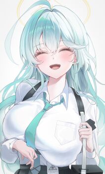 1girl :d absurdres ahoge aqua_hair aqua_necktie blue_archive blush breasts closed_eyes commentary_request halo hare_(hare_1730) highres large_breasts long_hair necktie open_mouth shirt smile solo teeth upper_body upper_teeth_only white_background white_shirt yellow_halo yume_(blue_archive)