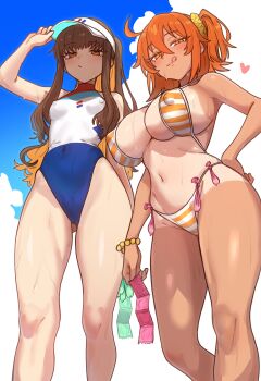 2girls absurdres alternate_breast_size_(larger) bad_link beach bikini blue_sky breasts brown_eyes brown_hair celeb_summer_experience! cloud condom condom_belt condom_packet_strip condom_wrapper covered_erect_nipples ebora fate/extra fate/grand_order fate_(series) from_below fujimaru_ritsuka_(female) fujimaru_ritsuka_(female)_(brilliant_summer) hair_ornament hair_scrunchie hand_on_headwear highleg highleg_one-piece_swimsuit highres holding holding_condom kishinami_hakuno_(female) large_breasts licking_lips long_hair multicolored_swimsuit multiple_girls navel official_alternate_costume one-piece_swimsuit one-piece_tan one_side_up orange_bikini orange_hair outdoors ponytail scrunchie sideboob sky small_breasts stomach striped_bikini striped_clothes swimsuit tan tanline thighs tongue tongue_out used_condom visor_cap white_one-piece_swimsuit