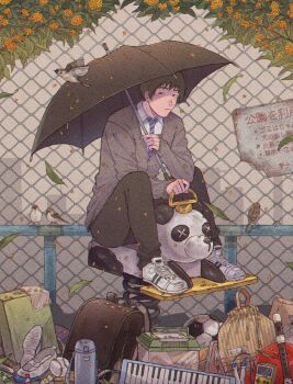 1boy :| animal backpack bag ball baseball bird black_bag black_hair black_pants black_umbrella book bottle box bug_cage cardigan chain-link_fence closed_mouth collared_shirt drawstring drawstring_bag fence flower flute flying full_body grey_cardigan handheld_game_console highres holding holding_umbrella instrument inumoto922 jump_rope keyboard_(instrument) leaf long_sleeves looking_to_the_side male_focus melodica necktie orange_flower original osmanthus outdoors panda pants paper park playground railing randoseru recorder shadow shirt shoelaces shoes short_hair sideways_glance sign sneakers soccer_ball sparrow spring_(object) spring_rider striped_clothes striped_footwear thermos toy toy_box tree two-tone_footwear umbrella uwabaki vertical_stripes water_bottle white_footwear