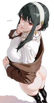 1girl absurdres artist_name ass black_boots black_hair black_thighhighs boots breasts brown_coat closed_mouth coat commentary earrings foreshortening hairband highres jewelry large_breasts looking_at_viewer medium_hair melowh plaid_clothes plaid_scarf red_eyes scarf shirt simple_background smile solo spy_x_family standing thigh_boots thighhighs white_background white_hairband white_scarf white_shirt yor_briar