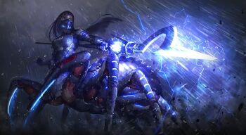 1girl angry armor arthropod_girl black_hair breastplate check_copyright commission copyright_request dated_commentary debris full_body grey_background hetza_(hellshock) holding holding_weapon insect_girl long_hair mage_staff magic mask original outdoors rain respirator shoulder_armor skeb_commission solo spider_girl staff weapon