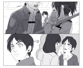 2boys 2girls aquiline_nose breasts carla_yeager comic dirty dirty_face eren_yeager flashback flying_sweatdrops frown greyscale hange_zoe hanpetos jacket medium_breasts moblit_berner monochrome mother_and_son multiple_boys multiple_girls nose open_mouth ponytail shingeki_no_kyojin silent_comic smile speech_bubble thought_bubble wiping_face