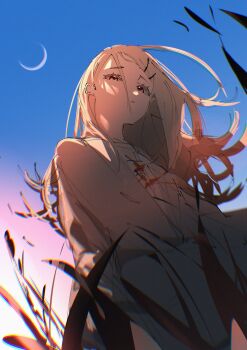 1girl 3_sai blonde_hair blue_sky camisole closed_mouth colored_eyelashes cowboy_shot crescent_moon flipped_hair floating_hair from_below gakuen_idolmaster gradient_sky grey_robe hair_ornament hairclip highres idolmaster long_hair looking_at_viewer moon open_clothes open_robe orange_eyes outdoors parallel_hairclips pink_sky robe shinosawa_hiro sidelighting sky solo standing sunrise white_camisole wind