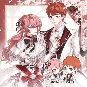 alcohol artist_self-insert breasts bride commissioner_insert couple cup dress drinking_glass emiya_shirou fate/stay_night fate_(series) flower formal_clothes frilled_dress frills gaoyue_jixiang glass gloves hair_ornament hetero highres igote jacket long_hair momomiya_shizuku_(gaoyue_jixiang) oc_x_canon orange_hair original pastels pink_eyes print_ribbon red_hair red_wine ribbon smile suit two-tone_dress very_long_hair white_dress white_gloves white_jacket white_suit wine wine_glass