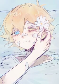 Rule 34 | 2boys, antenna hair, bandaid, bandaid on cheek, bandaid on face, bandaid on nose, basil (faraway) (omori), basil (hospital gown) (omori), basil (omori), blonde hair, blue eyes, bruise, bruised eye, closed mouth, double-parted bangs, flower, hair between eyes, hair flower, hair ornament, highres, hospital gown, injury, looking at another, male focus, multiple boys, omori, one eye closed, oreelurn, short hair, sketch, spoilers, sunny (hospital gown) (omori), sunny (omori), yaoi