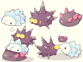 animal_focus artist_name flying_sweatdrops gen_7_pokemon gen_8_pokemon highres nintendo no_humans pincurchin pink_eyes pokemon pokemon_(creature) pokemon_focus pyukumuku shadow simple_background snom spikes symbol-shaped_pupils totennko triangle-shaped_pupils white_background yellow_eyes