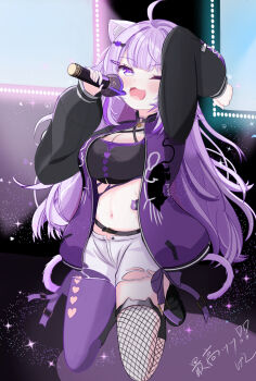 Rule 34 | 1girl, absurdres, ahoge, animal ear fluff, animal ears, asymmetrical legwear, breasts, cat ears, cat girl, cat tail, choker, cleavage, clothing cutout, collarbone, commentary request, crop top, gen oshikatsu holo, hair between eyes, hair ornament, heart cutout, highres, holding, holding microphone, hololive, large breasts, long hair, long sleeves, looking at viewer, microphone, navel, nekomata okayu, nekomata okayu (gyaru), o-ring, o-ring choker, official alternate costume, official alternate hair length, official alternate hairstyle, one eye closed, open mouth, purple eyes, purple hair, scrunchie, short shorts, shorts, solo, stomach, tail, torn clothes, torn shorts, uneven legwear, very long hair, virtual youtuber, white shorts
