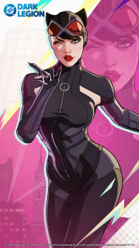 black_bodysuit black_hair blowing_kiss bodysuit breasts catwoman claws commentary dc:_dark_legion dc_comics english_commentary full-length_zipper goggles goggles_on_head green_eyes highres mole mole_under_mouth one_eye_closed red_lips short_hair zipper zipper_pull_tab
