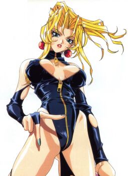 1990s_(style) 1girl blonde_hair breasts cleavage cleavage_cutout clothing_cutout earrings female_focus from_below highres jewelry kotobuki_tsukasa large_breasts leather leotard lips lipstick long_hair looking_at_viewer makeup nail_polish official_art retro_artstyle simple_background sofia sofia_(toushinden) solo tamsoft toushinden white_background zipper