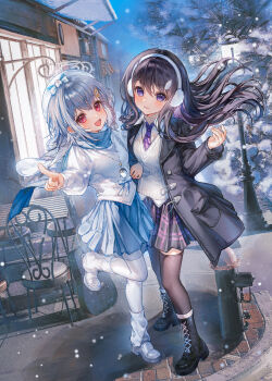 2girls absurdres bang_dream! bang_dream!_it&#039;s_mygo!!!!! beret black_boots black_coat black_hair blue_skirt blush boots braid chair coat commentary diagonal-striped_clothes diagonal-striped_necktie earmuffs english_commentary fire_hydrant floating_hair grey_hair hat highres ichitata leg_warmers medium_hair mole mole_under_eye multiple_girls necktie open_clothes open_coat open_mouth pantyhose purple_eyes purple_necktie purple_skirt red_eyes shiina_taki shirt shoes side_braid skirt snow standing standing_on_one_leg striped_clothes sweater takamatsu_tomori white_hat white_leg_warmers white_pantyhose white_shirt white_shoes white_sweater winter_uniform