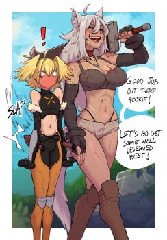 ! 1boy 1girl ahoge animal_ear_fluff animal_ears ass_smack beamboi blood blood_on_clothes blood_on_face blood_on_hands blood_splatter bloody_weapon blush boulder breasts brown_shorts choker commission dark-skinned_female dark_skin day elbow_gloves english_text feet_out_of_frame fingerless_gloves full-face_blush gloves grey_hair hair_wings highres holding holding_weapon huge_weapon jewelry knee_guards large_breasts long_hair midriff navel necklace original outdoors over_shoulder red_choker scar_on_hip sharp_teeth short_shorts shorts size_difference standing surprised sword sword_over_shoulder tail tall_female teeth trap weapon weapon_over_shoulder