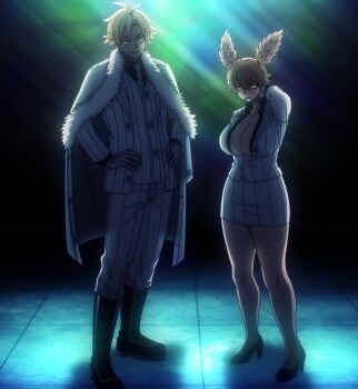 1boy 1girl 2025 20s :/ anime_screenshot black_shirt breasts brown_eyes brown_hair bursting_breasts cleavage closed_mouth collarbone collared_shirt full_body green_light hair_between_eyes hands_on_own_hips huge_breasts jacket jacket_on_shoulders lollipop_in_mouth looking_at_viewer medium_hair momokusa_yomogi momomiya_tsubakiri no_bra shirt short_hair smile stitched third-party_edit tougen_anki tsurime twintails underground walking white_jacket