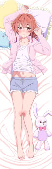 1girl absurdres barefoot blush collarbone dakimakura_(medium) feet highres hirayama_kanna jacket kanojo_okarishimasu knee_blush knees_together_feet_apart looking_at_viewer navel navel_peek official_art on_bed open_clothes open_jacket pillow sakurasawa_sumi solo stuffed_animal stuffed_rabbit stuffed_toy toes wavy_mouth
