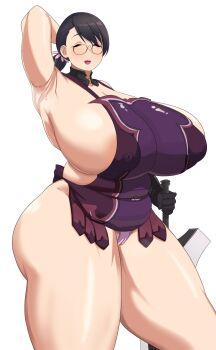 absurdres armpits arms_up ass black_hair breasts cameltoe cattleya_(queen's_blade) closed_eyes fat glasses hair_ornament highres lips muundae nipples ponytail queen's_blade sideboob sweat sword thick_thighs thighs tummy_fold weapon