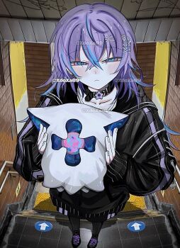 1boy alternate_costume artist_name black_choker black_jacket black_pants blush choker closed_mouth commentary foreshortening from_above full_body hair_between_eyes hair_ornament hairclip highres holding holding_stuffed_toy hoshirube_sho jacket long_hair long_sleeves looking_at_viewer male_focus multicolored_hair nijisanji otomo_(hoshirube_sho) pants purple_hair solo streaked_hair stuffed_animal stuffed_toy symbol-only_commentary tile_floor tiles virtual_youtuber x_hair_ornament xdoxa89