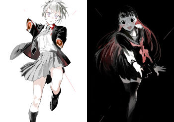 2girls :d amputee armless_amputee black_hair black_serafuku black_thighhighs blazer blonde_hair blood blood_on_clothes collared_shirt colored_inner_hair crazy_eyes crazy_smile double_amputee dress_shirt grey_eyes highres jacket kneehighs leg_up long_hair missing_limb mohikan5 multicolored_hair multiple_girls neckerchief necktie open_mouth original pleated_skirt ponytail red_hair red_neckerchief running running_towards_viewer school_uniform serafuku shirt short_eyebrows skirt smile socks striped_necktie thighhighs wide-eyed wind