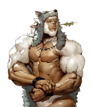 1boy abs animal_ears bare_pectorals beard body_fur bodybuilder bracelet check_copyright copyright_request cowboy_shot dark-skinned_male dark_skin facial_hair flexing jewelry large_pectorals male_focus mature_male mint monkey_boy motion_lines muscular muscular_male necklace no_nipples obliques original pectorals short_hair side_chest_pose snout solo tahra tooth_necklace tribal veins veiny_arms white_fur white_hair wolf_hood