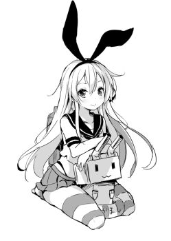 1girl blush commentary crop_top elbow_gloves gloves greyscale hairband highleg highleg_panties kantai_collection long_hair looking_at_viewer miniskirt monochrome panties pleated_skirt rensouhou-chan rigging sailor_collar shimakaze_(kancolle) simple_background sitting sketch skirt sleeveless smile striped_clothes striped_thighhighs thighhighs underwear yazawa_oke