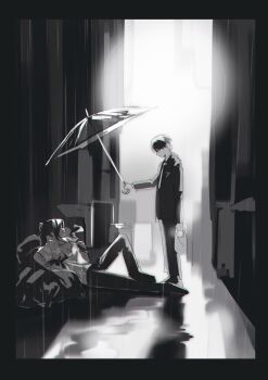 2boys arm_hair bag black_eyes black_hair dark_alleyway from_side full_body glowing hawaiian_shirt high_ponytail highres holding holding_bag hong_lu_(project_moon) horizontal_spotlight knee_up limbus_company looking_at_another male_focus multiple_boys offering_umbrella on_ground ponytail project_moon rain shirt short_hair sidelocks soda0606 spotlight trash_bag umbrella yi_sang_(project_moon)