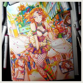 asymmetrical_legwear breasts cleavage contemporary crowd curly_hair dress fishnet_pantyhose fishnets harajuku_fashion kneehighs marilyn_monroe marker_(medium) mismatched_legwear orange_hair pantyhose photoshop_(medium) rachta_lin real_life socks solo_focus traditional_media