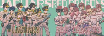 1girl 6+boys baseball_bat baseball_cap baseball_glove baseball_jersey baseball_uniform battle_tendency black_hair blonde_hair blue_hair brown_hair diamond_wa_kudakenai diavolo dio_brando dixie_cup_hat enrico_pucci family funny_valentine giorno_giovanna green_hair hat higashikata_josuke higashikata_josuke_(jojolion) highres holding holding_baseball_bat jersey johnny_joestar jojo_no_kimyou_na_bouken jojolion jonathan_joestar joseph_joestar joseph_joestar_(young) kars_(jojo) kira_yoshikage kuujou_jolyne kuujou_joutarou military_hat multiple_boys opposing_sides phantom_blood pink_hair purple_hair sportswear stardust_crusaders steel_ball_run stone_ocean tooru_(jojolion) vento_aureo wao