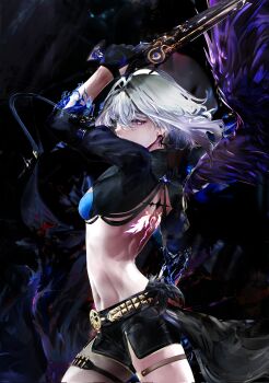 1girl absurdres back_tattoo black_gloves black_jacket black_pantyhose black_shorts blue_bra bra breasts commentary cowboy_shot cropped_jacket earrings feathered_wings from_side galbrena_(wuthering_waves) gloves grey_hair gun hair_between_eyes highres holding holding_gun holding_weapon jacket jewelry looking_at_viewer looking_to_the_side medium_hair navel pantyhose purple_eyes purple_wings revision shorts single_leg_pantyhose single_wing small_breasts solo stomach tacet_mark_(wuthering_waves) tattoo thigh_strap thighs tony_028 underwear weapon wings wuthering_waves