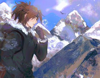 1other backpack bag bird black_bag black_coat black_gloves brown_eyes brown_hair coat coughing erenjaeger47993 eyepatch eyepatch_lift fur-trimmed_coat fur_trim gloves hange_zoe highres hood hood_down hooded_coat long_hair mountain outdoors parted_bangs parted_lips ponytail shingeki_no_kyojin upper_body