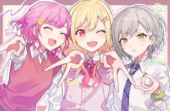 3girls :d ^_^ blonde_hair blue_nails bow bowtie cardigan character_name closed_eyes collared_shirt commentary_request dated_commentary double-parted_bangs emoji_hair_ornament fingernails gradient_hair green_eyes green_nails green_scrunchie grey_hair grey_nails grid_background gyaru gyaru_v hair_ornament hair_scrunchie hairclip hinomori_shiho kikutouji kogal long_sleeves multicolored_hair multiple_girls nail_art nail_polish necktie ok_sign one_eye_closed ootori_emu open_mouth outline outstretched_arm outstretched_arms parted_bangs pink_bow pink_bowtie pink_cardigan pink_hair pink_scrunchie pink_sweater_vest plaid_bow plaid_bowtie plaid_clothes plaid_necktie project_sekai purple_nails purple_necktie purple_outline rabbit_hair_ornament red_eyes school_uniform scrunchie shirt short_hair small_sweatdrop smile squiggle sweater_vest tenma_saki v v-neck white_mouth white_shirt wing_collar wrist_scrunchie x_hair_ornament yellow_scrunchie