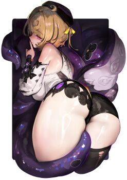 1girl ass beret black_shorts black_thighhighs blonde_hair breasts commentary from_behind hashtag-only_commentary hat highres large_breasts monster_girl paringgg purple_eyes scylla shirt short_hair shorts solo tentacle_girl tentacle_tail thighhighs thighs white_shirt yidhari_murphy zenless_zone_zero