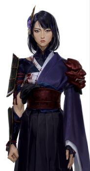 Rule 34 | 1girl, aina (mayexplode), alternate costume, alternate universe, arm guards, armor, asymmetrical sleeves, blood, blood on clothes, blood stain, blunt bangs, bridal gauntlets, chest sarashi, closed mouth, clothing cutout, commentary, concept art, demon, english commentary, eyeliner, fan hair ornament, genshin impact, hair ornament, highres, japanese clothes, layered clothes, long hair, looking at viewer, makeup, mask on shoulder, mole, mole under eye, multicolored eyes, neck ribbon, pink lips, purple eyes, purple hair, raiden shogun, red eyeliner, red ribbon, red sash, ribbon, sarashi, sash, shoulder armor, shoulder cutout, solo, standing, uneven sleeves, upper body, white background, wide sleeves