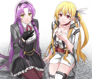 Rule 34 | 2girls, alisa reinford, black gloves, black hairband, blonde hair, bow, bowtie, breasts, closed mouth, coat, collarbone, commission, curtained hair, double-parted bangs, eiyuu densetsu, feather hair ornament, feathers, fingerless gloves, gloves, hair between eyes, hair bow, hair ornament, hairband, jacket, kneeling, kuro no kiseki, kuro no kiseki (series), kuro no kiseki ii, large breasts, long hair, long sidelocks, long sleeves, looking at viewer, medium breasts, multiple girls, nail polish, on one knee, parted bangs, pencil skirt, purple hair, red bow, red bowtie, red eyes, renne (eiyuu densetsu), runrui kaku, sen no kiseki, sen no kiseki (series), sen no kiseki iii, side ponytail, sidelocks, skeb commission, skirt, smile, two side up, yellow eyes