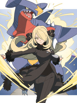 1girl black_coat black_pants blonde_hair breasts cleavage coat cynthia_(pokemon) fur-trimmed_coat fur-trimmed_pants fur_trim garchomp gen_4_pokemon hair_over_one_eye highres kanbei_(pixiv11037490) looking_at_viewer nintendo pants pokemon pokemon_(creature) pokemon_dppt smile solo yellow_eyes