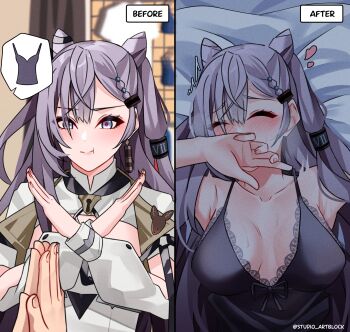 1girl absurdres bed_sheet blanc_(studio_artblock) blue_eyes blush commentary cone_hair_bun english_commentary grey_hair hair_bun hair_ornament highres hololive hololive_indonesia jewelry lingerie long_hair looking_at_viewer multicolored_hair own_hands_clasped own_hands_together roman_numeral sweat twitter_username underwear vestia_zeta vestia_zeta_(1st_costume) virtual_youtuber