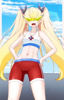 1girl bandaid bandaid_on_face bare_shoulders blonde_hair blush breasts fang goddess_of_victory:_nikke hands_on_own_hips highres laplace_(nikke) long_hair looking_at_viewer midriff navel outdoors peach-cup red_shorts short_shorts shorts small_breasts smile solo sports_bra sportswear stomach sunglasses tinted_eyewear triangular_eyewear twintails very_long_hair white_sports_bra