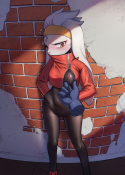 1girl against_wall alley animal_ears animal_nose azuu_(azuucookie) black_bodysuit black_pants blush bodysuit breasts brick_wall claws commentary covered_erect_nipples covered_navel cropped_jacket disembodied_hand english_commentary furry furry_female gen_8_pokemon grabbing_another's_breast groping hands_in_pockets headband highres jacket looking_at_hand looking_to_the_side medium_hair molestation nintendo nipple_stimulation nipple_tweak nipple_tweak_through_clothes pants partially_unzipped petite pokemon pokemon_(creature) pov pov_hands rabbit_ears raboot red_eyes red_jacket skin_tight small_breasts solo_focus standing tight_clothes tight_pants touching_nipples trembling turtleneck turtleneck_bodysuit turtleneck_jacket variant_set very_long_ears white_fur white_hair yellow_headband zipper