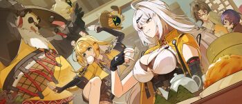 Rule 34 | 2boys, 3girls, absurdres, animal ears, belle (zenless zone zero), black gloves, black shorts, blonde hair, breasts, cleavage, elbow gloves, fingerless gloves, food, food in mouth, gloves, grey hair, highres, jacket, ju fufu, large breasts, mikami michael, multiple boys, multiple girls, open clothes, open jacket, pan yinhu, parted lips, short sleeves, shorts, smile, steamed bun, tiger ears, tiger girl, ye shiyuan, yellow jacket, yixuan (zenless zone zero), zenless zone zero