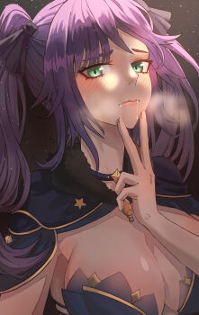1girl absurdres black_background black_cape black_ribbon blush breasts breath cape choppy_bangs cleavage closed_mouth commentary_request drooling genshin_impact green_eyes hair_ribbon hand_up highres large_breasts long_hair looking_at_viewer mona_(genshin_impact) oro_(lsg0624) purple_hair ribbon saliva solo twintails upper_body v
