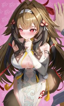 1girl 1other @_@ bare_shoulders blush breasts brown_hair brown_tail china_dress chinese_clothes cleavage closed_mouth commentary dress feet_out_of_frame finger_to_mouth frown hair_between_eyes hand_up hashtag-only_commentary highres large_breasts long_hair pelvic_curtain red_eyes see-through_cleavage see-through_clothes solo_focus tassel very_long_hair wakum white_dress ye_shunguang zenless_zone_zero