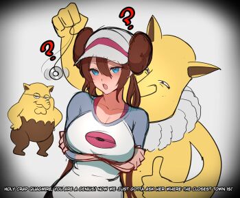 1girl ? absurdres blue_eyes breasts brown_hair colored_skin crossover donut_hair_bun double_bun double_chin drowzee english_text family_guy gen_1_pokemon glasses glenn_quagmire hair_bun highres holding holding_string hypno hypnosis kowai_(iamkowai) large_breasts mind_control nintendo pantyhose pendulum peter_griffin pokemon pokemon_bw2 raglan_sleeves rosa_(pokemon) sketch string subtitled thumbs_up vignetting visor_cap yellow_skin