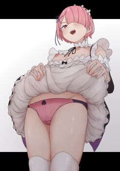 1girl absurdres breasts breasts_out cameltoe clothes_lift female_focus frills hair_over_one_eye highres lifting_own_clothes looking_at_viewer maid maid_headdress nipples panties pink_eyes pink_hair pink_panties r-man ram_(re:zero) re:zero_kara_hajimeru_isekai_seikatsu short_hair simple_background skirt skirt_lift small_breasts smile thighhighs underwear white_thighhighs